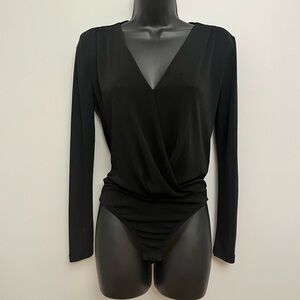 NOISY MAY Black V Neck Wrap Front Long Sleeve Bodysuit, Size XS